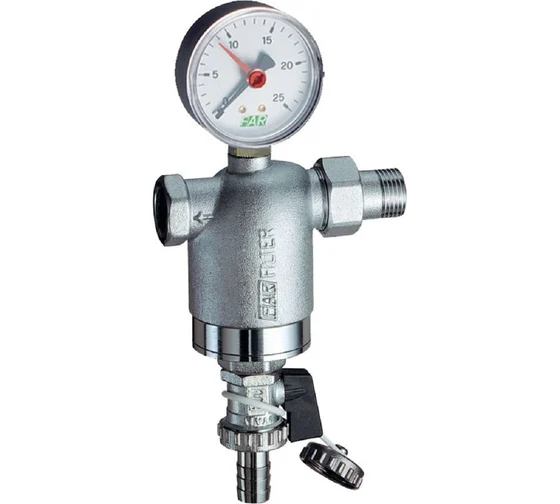 Фильтр 100мкм, под манометр,  Max: 95 °C, 25 бар. Поворотное соединение 1/2" НР